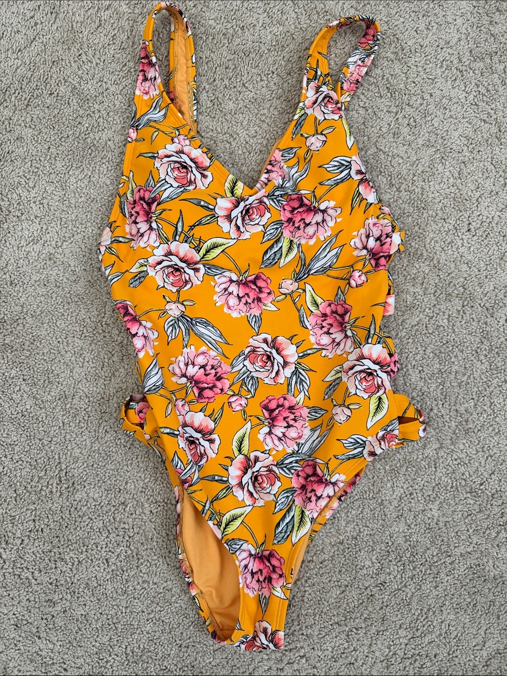 Xhilaration Yellow Floral One-Piece Swimsuit with Pink Flowers